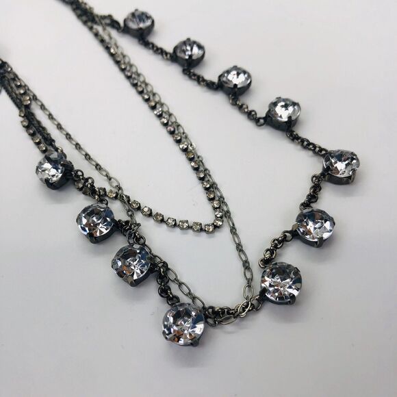 American Eagle Black Ribbon Silver Rhinestone Tie Statement 3 Strand Necklace - Picture 2 of 4